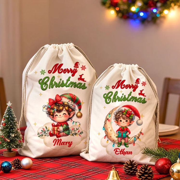 Personalized Merry Christmas Cute Cartoon Elf Canvas Drawstring Gift Bag with Name Christmas Party Favors for Kids Family