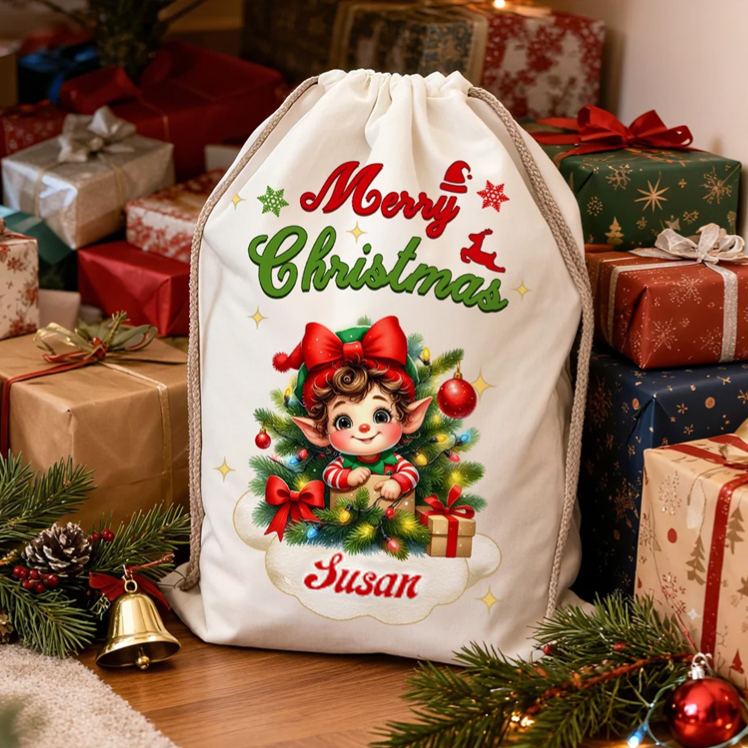 Personalized Merry Christmas Cute Cartoon Elf Canvas Drawstring Gift Bag with Name Christmas Party Favors for Kids Family
