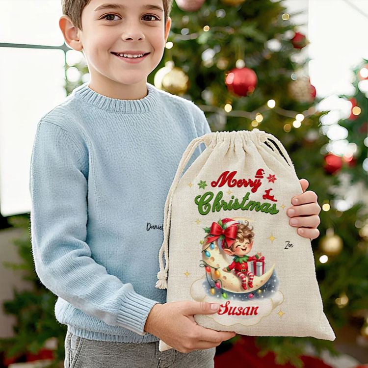 Personalized Merry Christmas Cute Cartoon Elf Canvas Drawstring Gift Bag with Name Christmas Party Favors for Kids Family