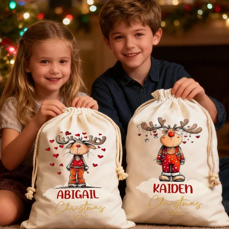 Personalized Cute Cartoon Elk Design Christmas Drawstring Gift Bag with Name Christmas Gift for Kids Family
