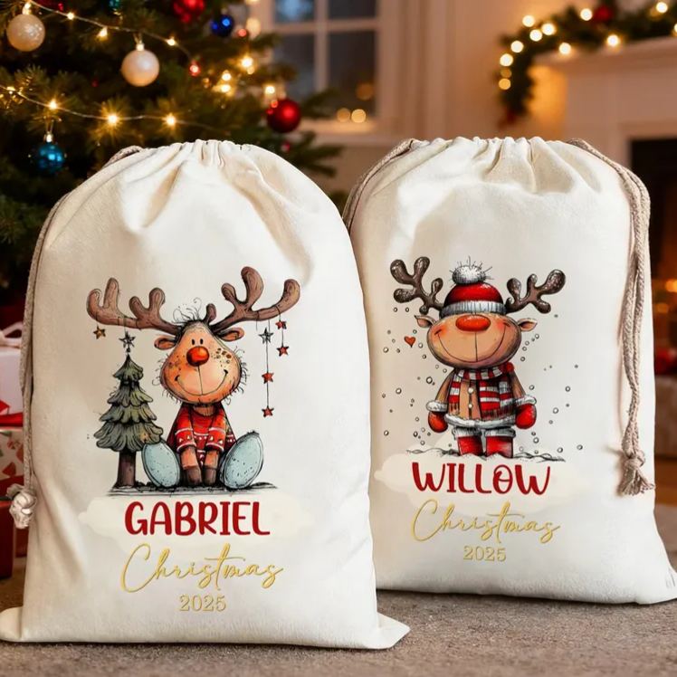 Personalized Cute Cartoon Elk Design Christmas Drawstring Gift Bag with Name Christmas Gift for Kids Family