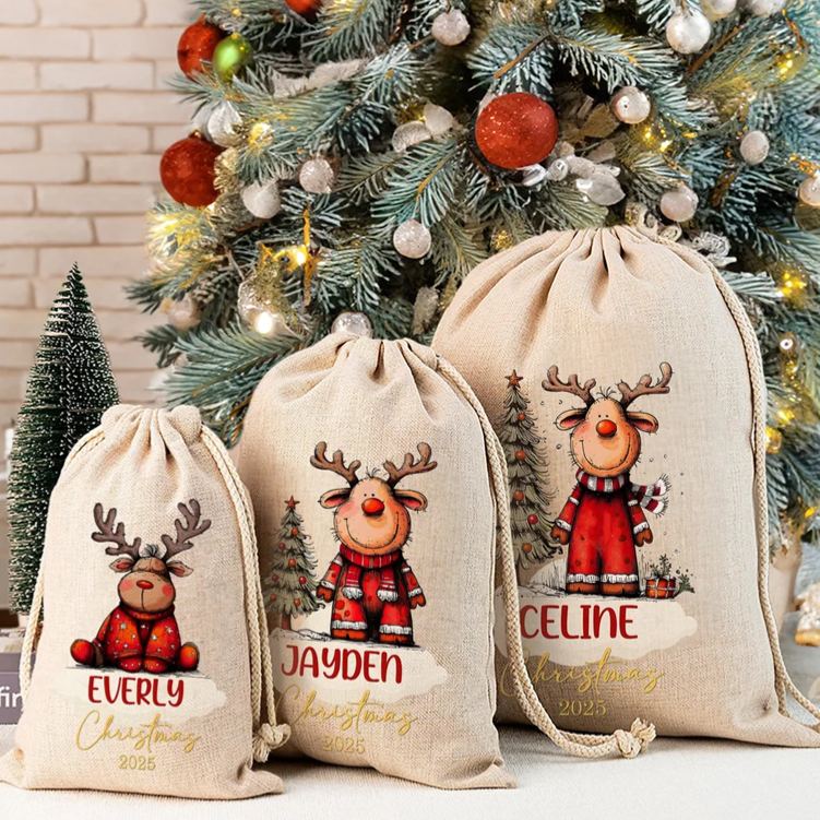 Personalized Cute Cartoon Elk Design Christmas Drawstring Gift Bag with Name Christmas Gift for Kids Family