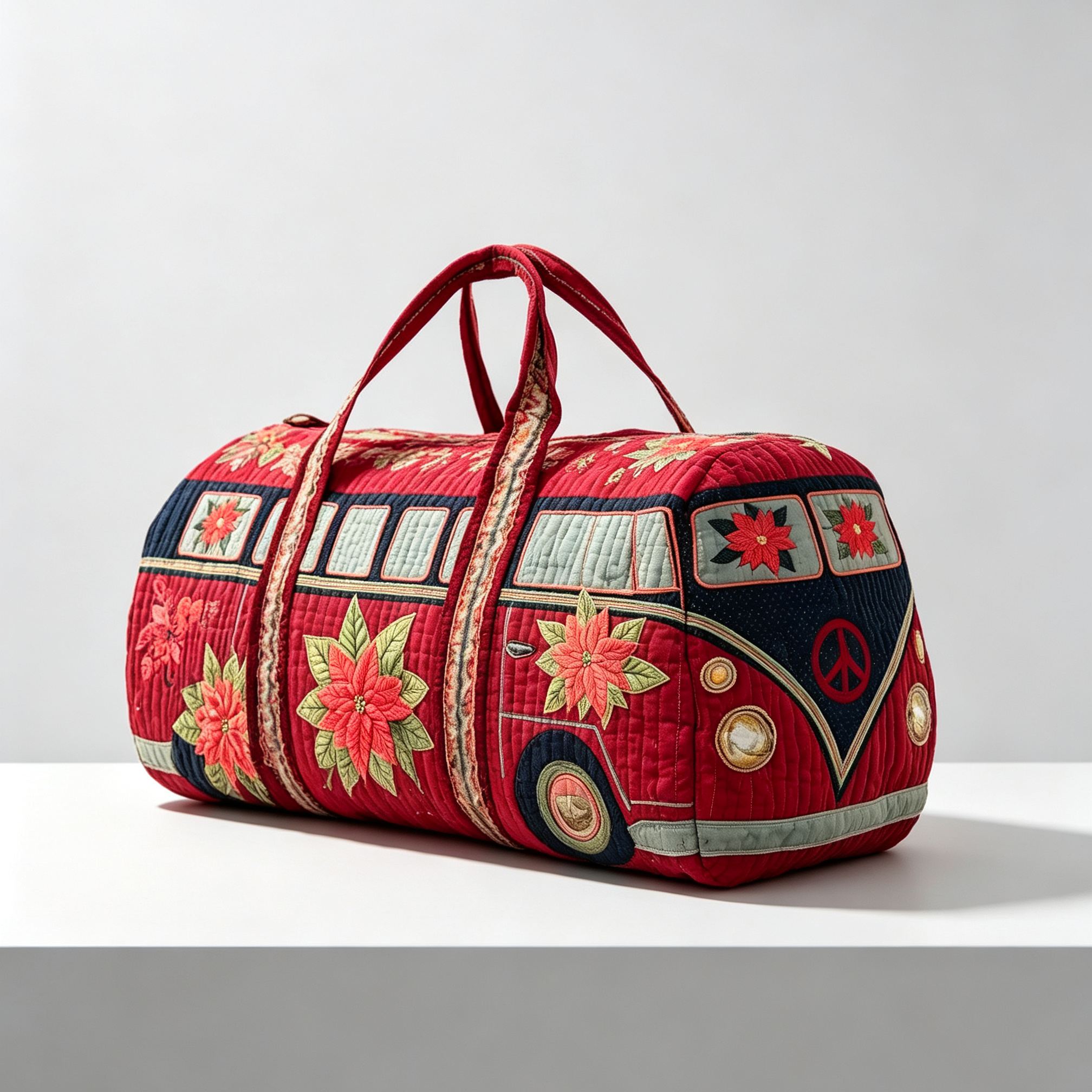 Vintage Christmas Camper Van Quilted Duffle Bag, Poinsettia Peace Sign Retro Bus Canvas Travel Duffel Bag, Lightweight Holiday Weekender Overnight Gym Carry‑on Bag