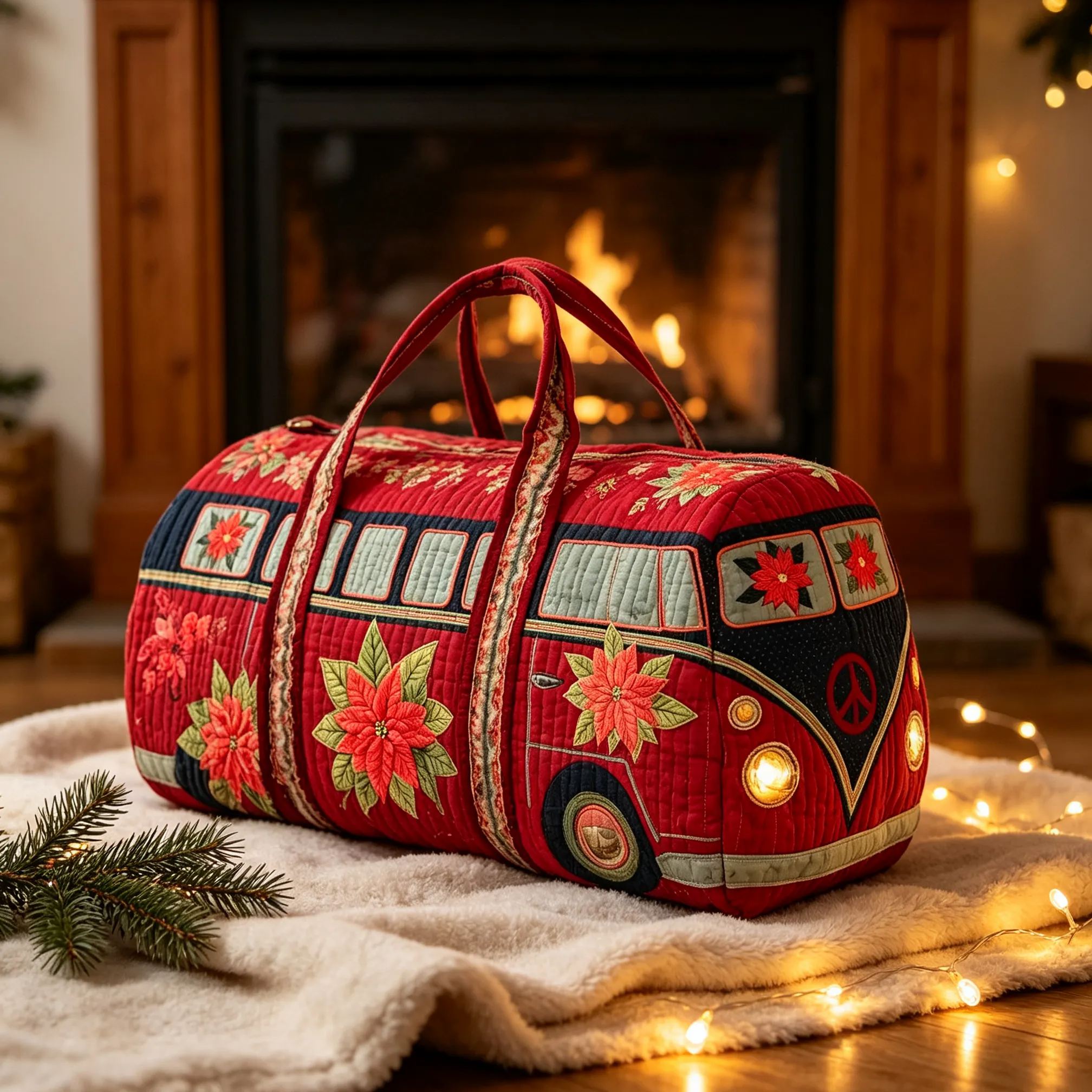 Vintage Christmas Camper Van Quilted Duffle Bag, Poinsettia Peace Sign Retro Bus Canvas Travel Duffel Bag, Lightweight Holiday Weekender Overnight Gym Carry‑on Bag