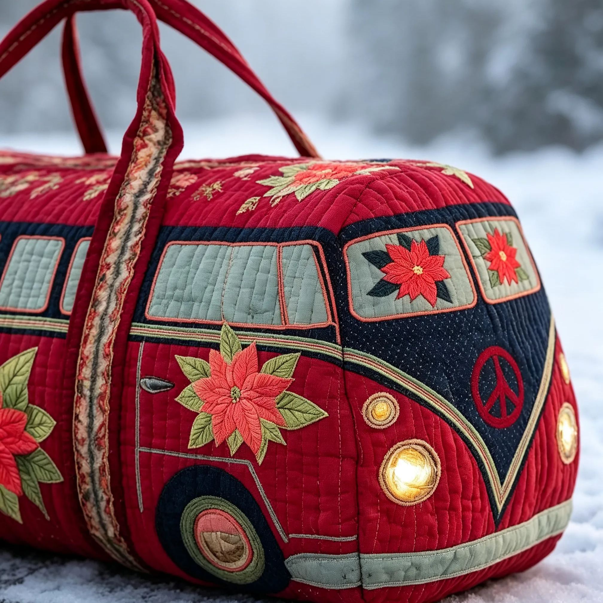 Vintage Christmas Camper Van Quilted Duffle Bag, Poinsettia Peace Sign Retro Bus Canvas Travel Duffel Bag, Lightweight Holiday Weekender Overnight Gym Carry‑on Bag