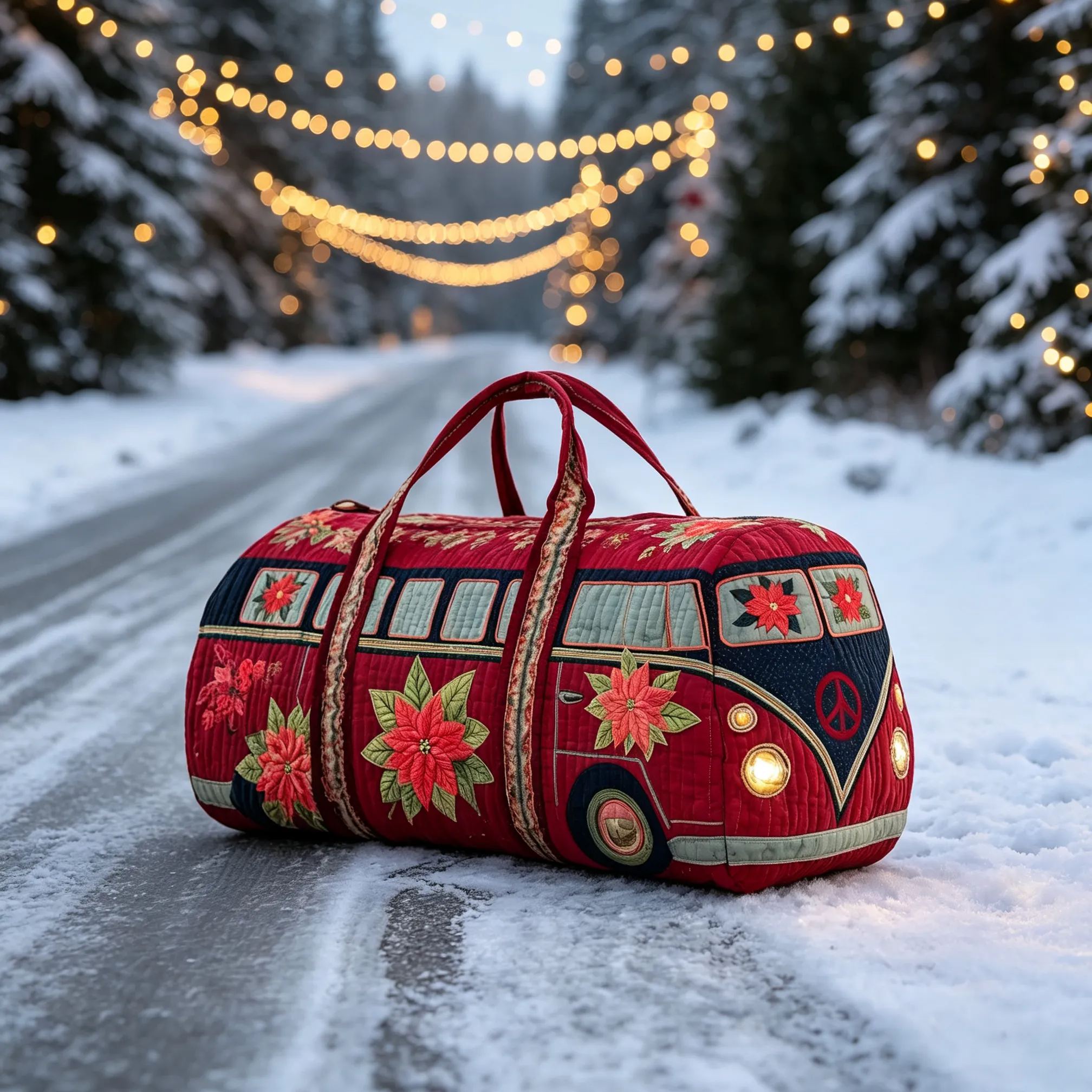 Vintage Christmas Camper Van Quilted Duffle Bag, Poinsettia Peace Sign Retro Bus Canvas Travel Duffel Bag, Lightweight Holiday Weekender Overnight Gym Carry‑on Bag