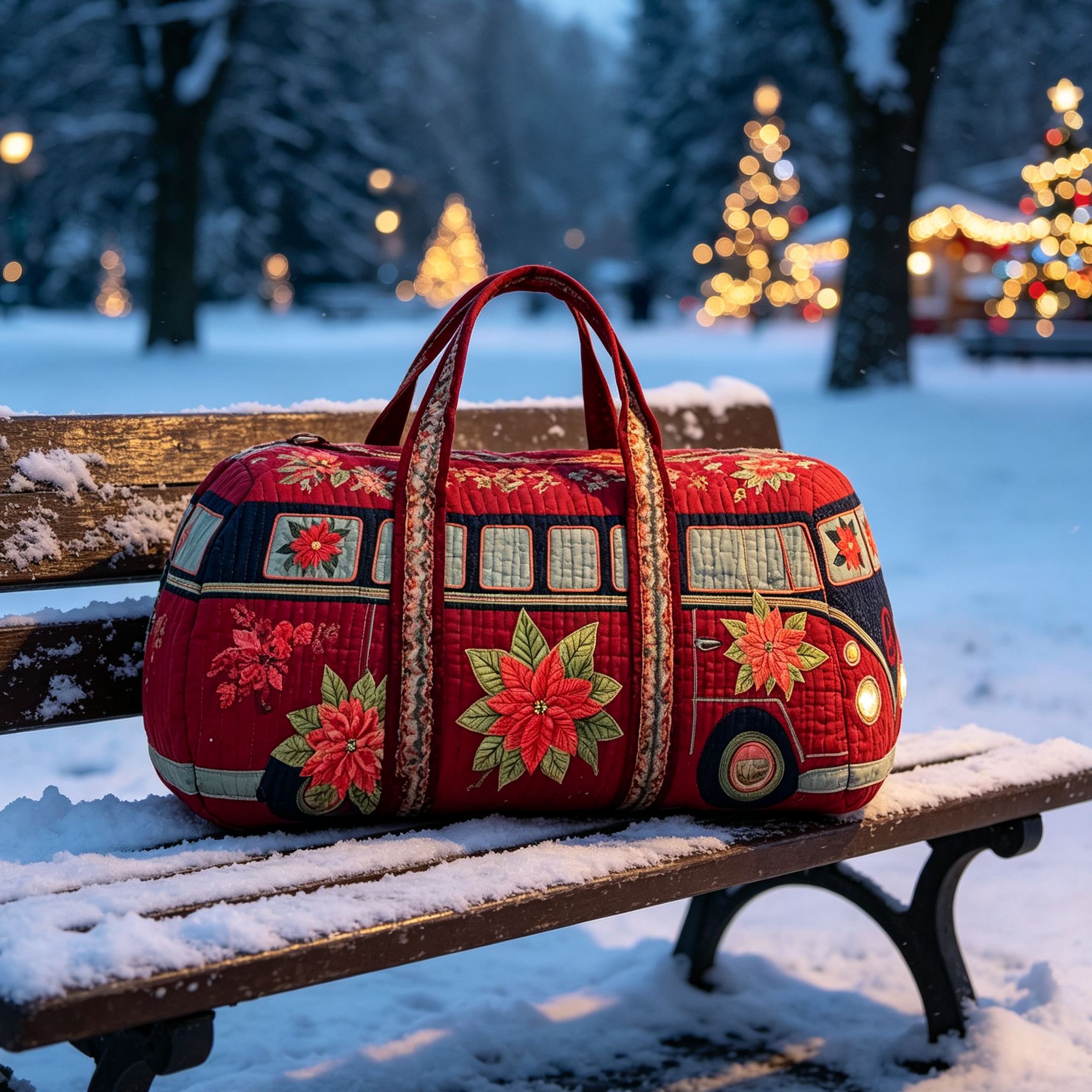 Vintage Christmas Camper Van Quilted Duffle Bag, Poinsettia Peace Sign Retro Bus Canvas Travel Duffel Bag, Lightweight Holiday Weekender Overnight Gym Carry‑on Bag