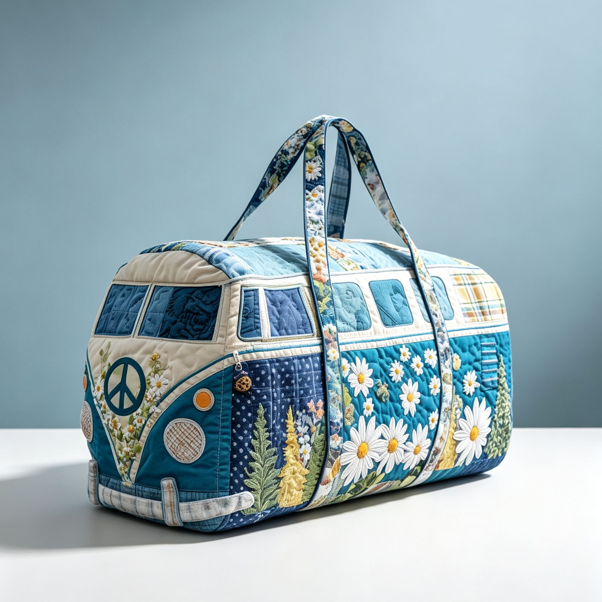 [Copy]Vintage Christmas Camper Van Quilted Duffle Bag, Poinsettia Peace Sign Retro Bus Canvas Travel Duffel Bag, Lightweight Holiday Weekender Overnight Gym Carry‑on Bag