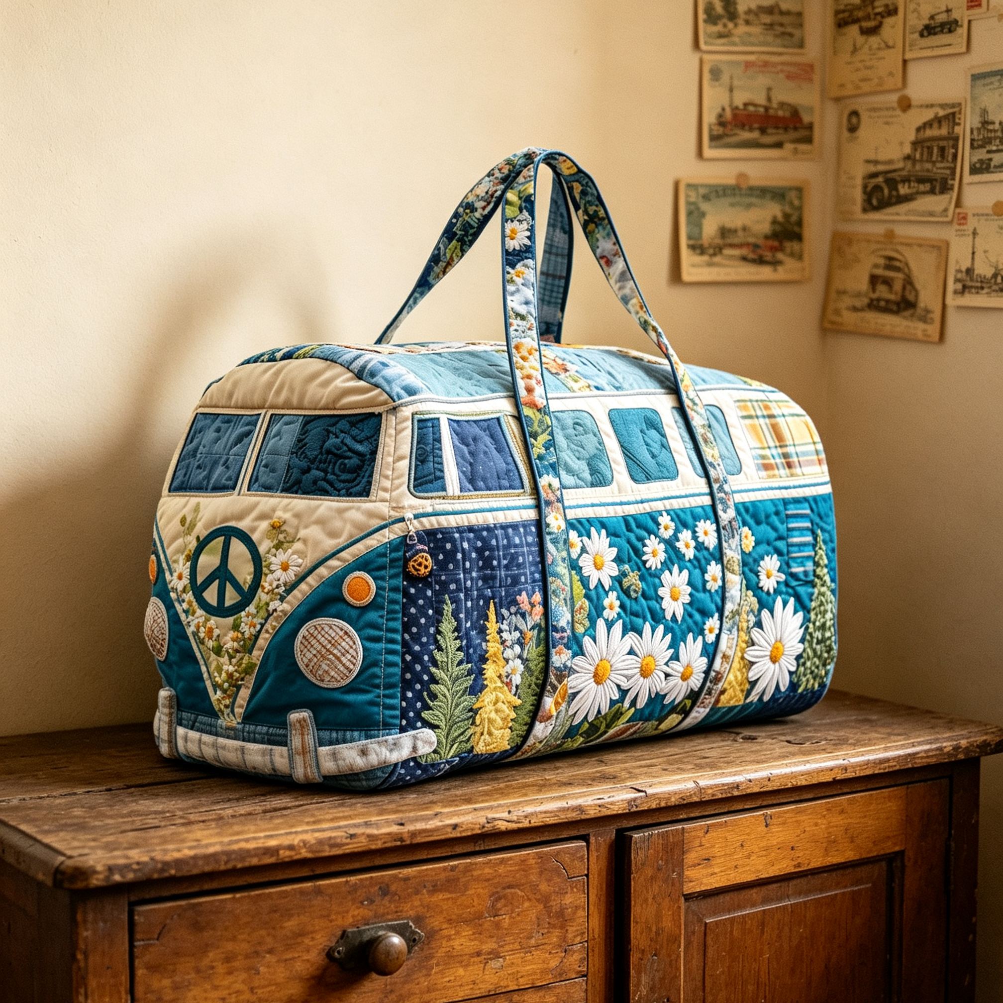 [Copy]Vintage Christmas Camper Van Quilted Duffle Bag, Poinsettia Peace Sign Retro Bus Canvas Travel Duffel Bag, Lightweight Holiday Weekender Overnight Gym Carry‑on Bag