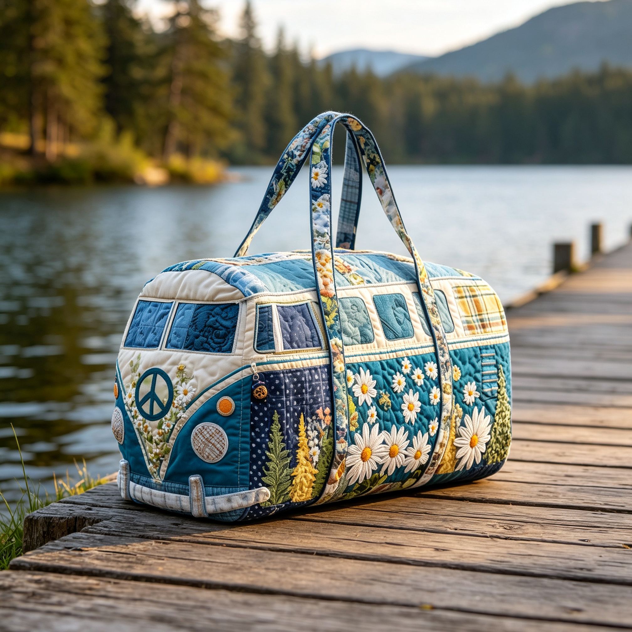 [Copy]Vintage Christmas Camper Van Quilted Duffle Bag, Poinsettia Peace Sign Retro Bus Canvas Travel Duffel Bag, Lightweight Holiday Weekender Overnight Gym Carry‑on Bag