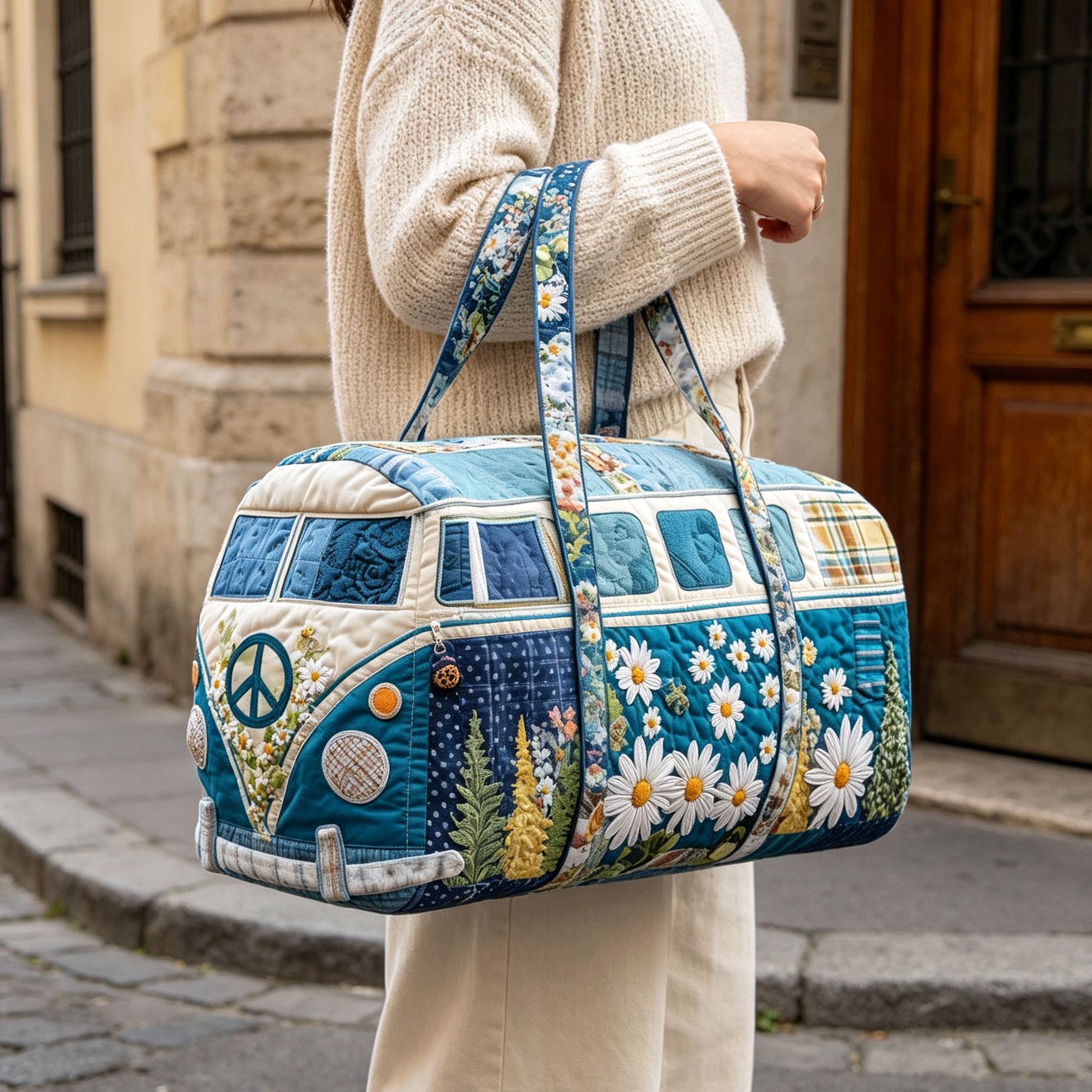 [Copy]Vintage Christmas Camper Van Quilted Duffle Bag, Poinsettia Peace Sign Retro Bus Canvas Travel Duffel Bag, Lightweight Holiday Weekender Overnight Gym Carry‑on Bag
