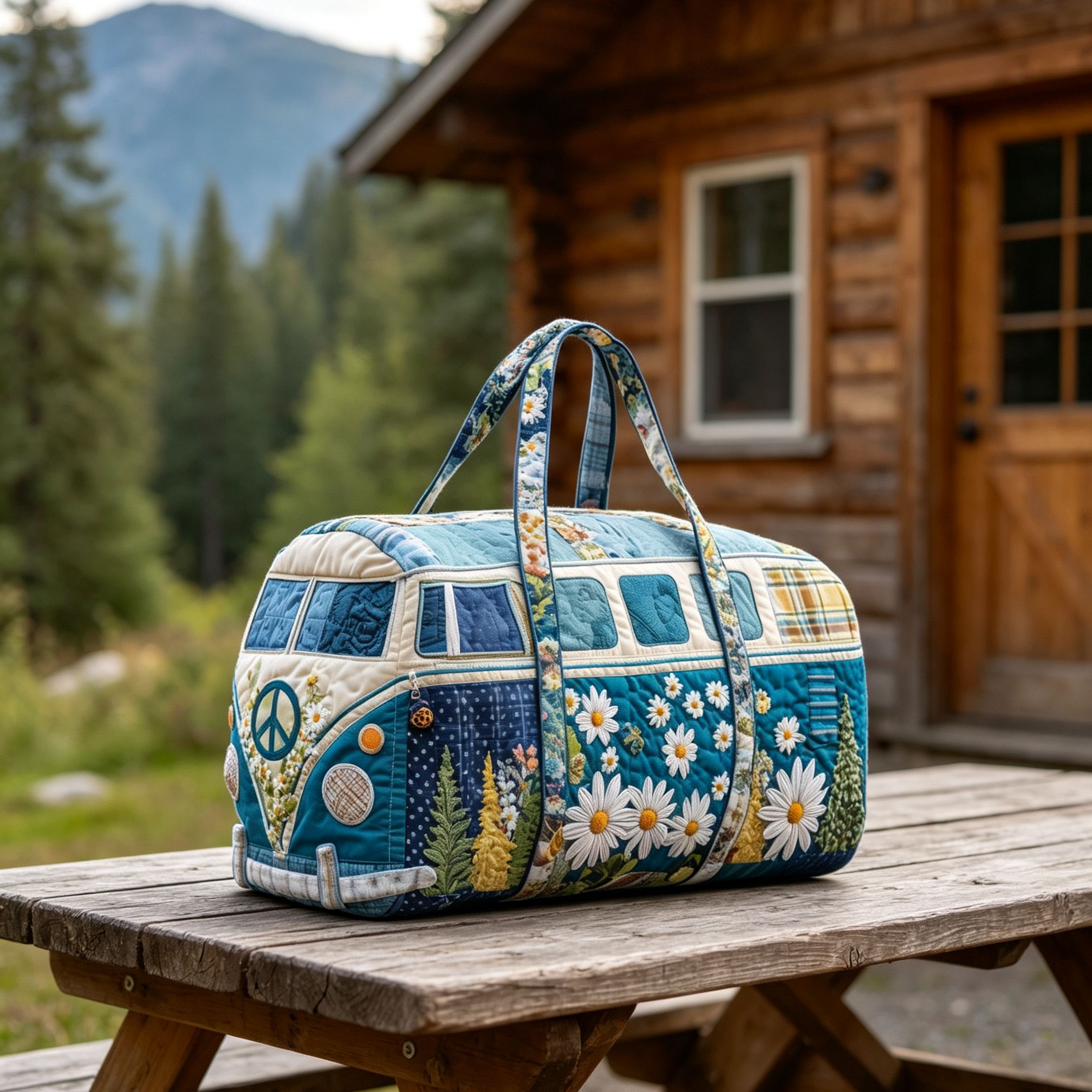 [Copy]Vintage Christmas Camper Van Quilted Duffle Bag, Poinsettia Peace Sign Retro Bus Canvas Travel Duffel Bag, Lightweight Holiday Weekender Overnight Gym Carry‑on Bag