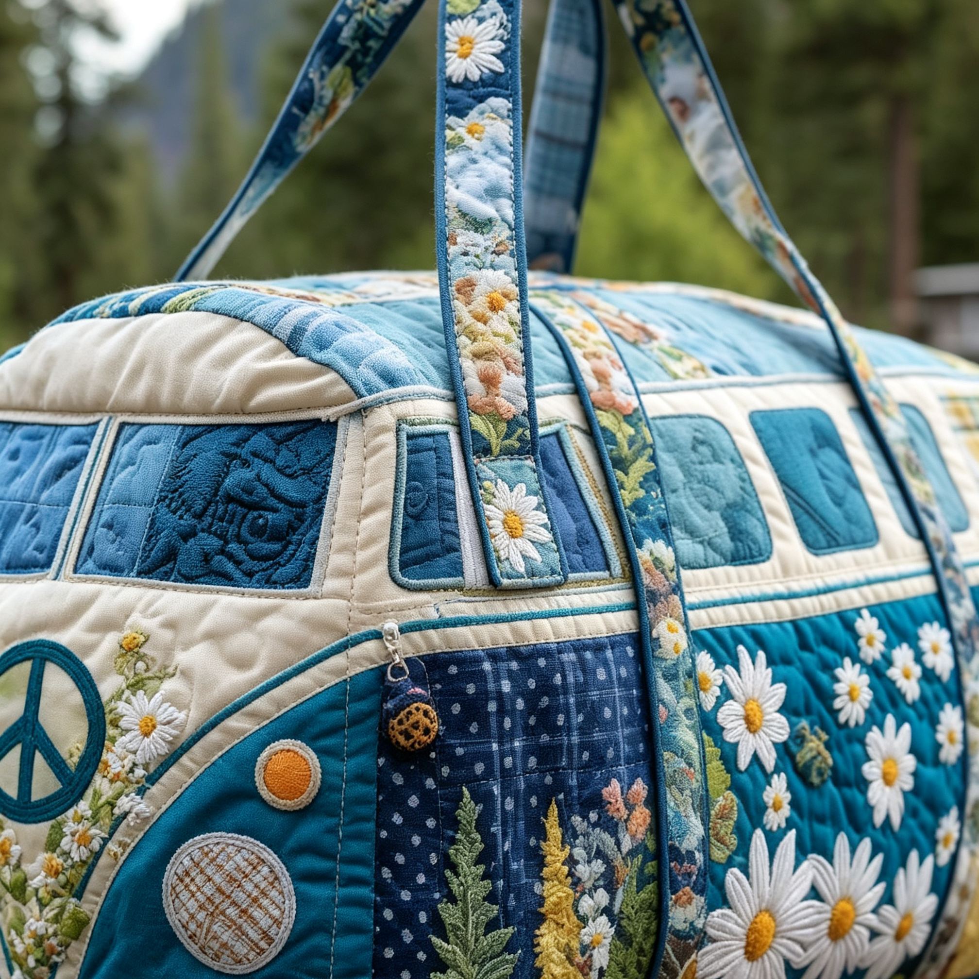 [Copy]Vintage Christmas Camper Van Quilted Duffle Bag, Poinsettia Peace Sign Retro Bus Canvas Travel Duffel Bag, Lightweight Holiday Weekender Overnight Gym Carry‑on Bag