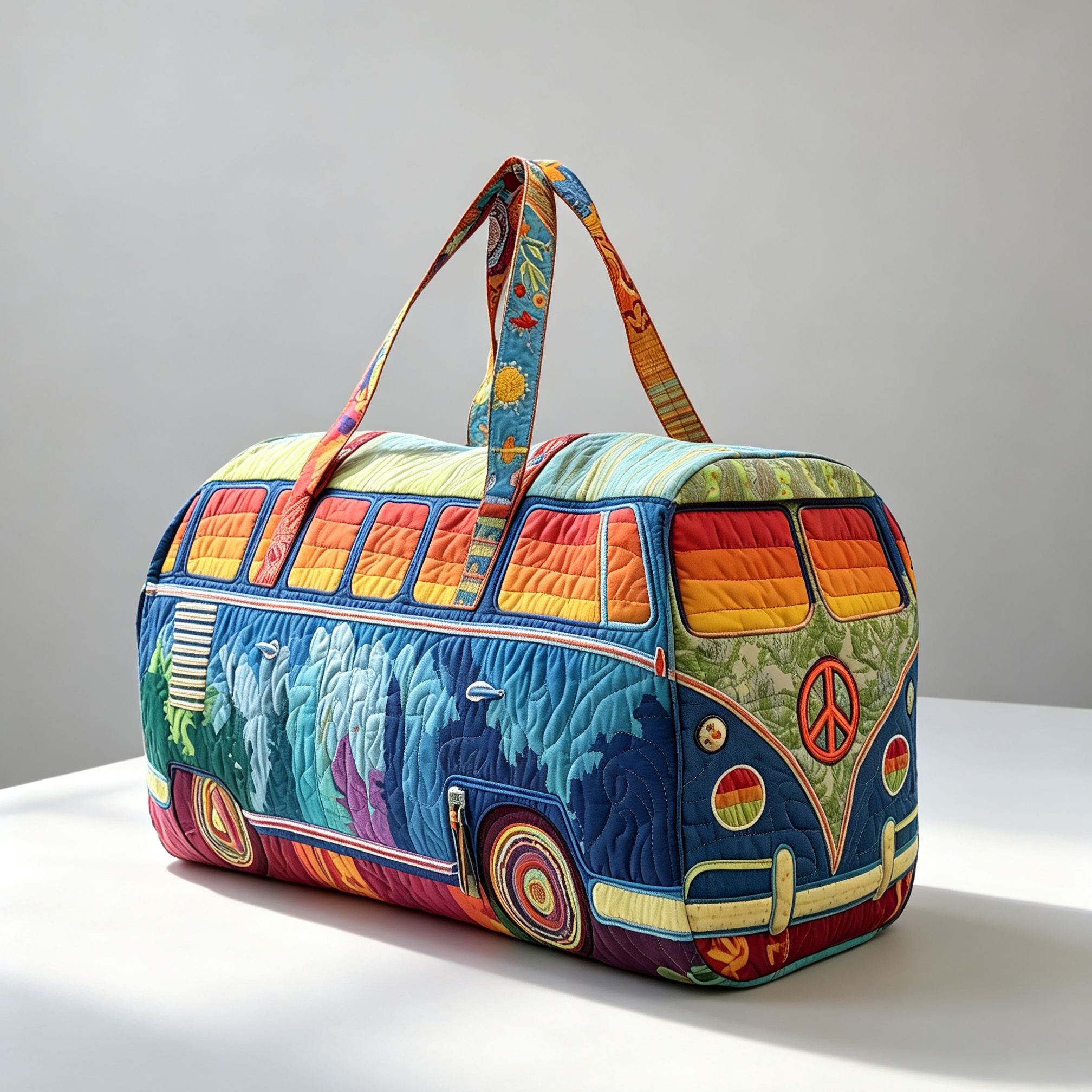 Rainbow Mountain Hippie Camper Van Quilted Duffle Bag, Colorful Peace Sign Retro Bus Travel Weekender Bag, Gym Carry‑on Duffel Bag