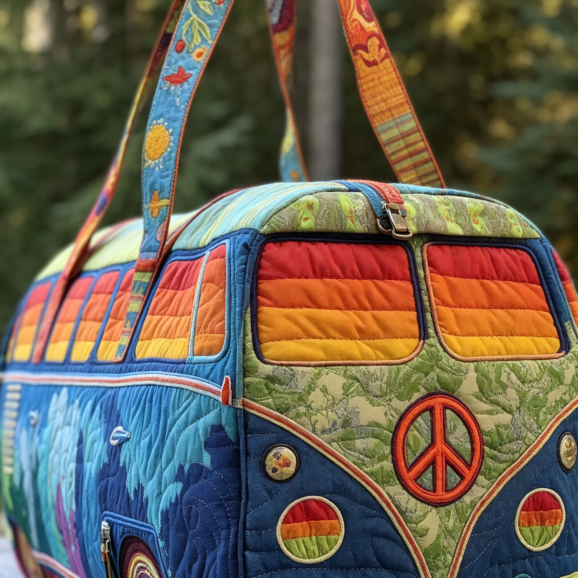 Rainbow Mountain Hippie Camper Van Quilted Duffle Bag, Colorful Peace Sign Retro Bus Travel Weekender Bag, Gym Carry‑on Duffel Bag