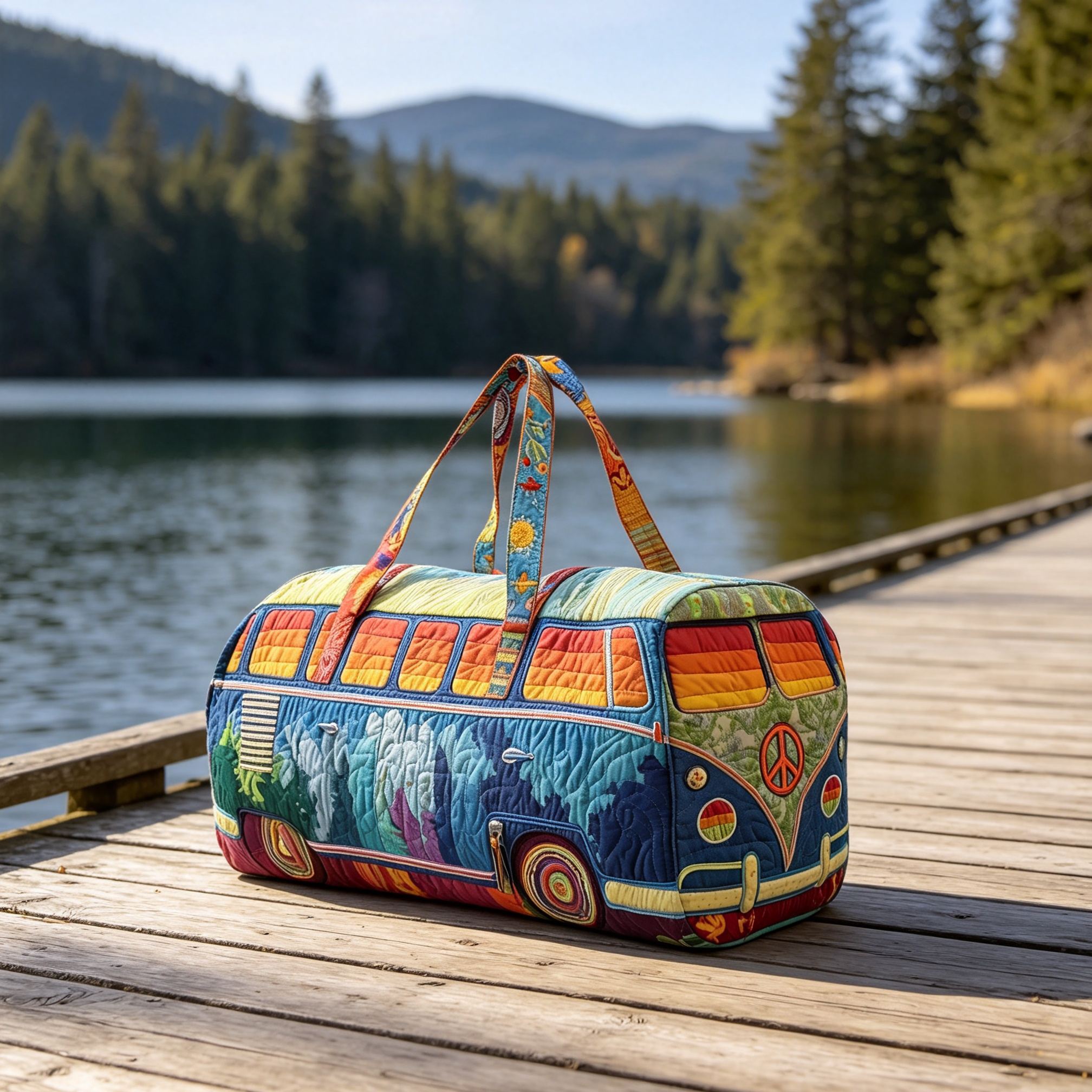 Rainbow Mountain Hippie Camper Van Quilted Duffle Bag, Colorful Peace Sign Retro Bus Travel Weekender Bag, Gym Carry‑on Duffel Bag