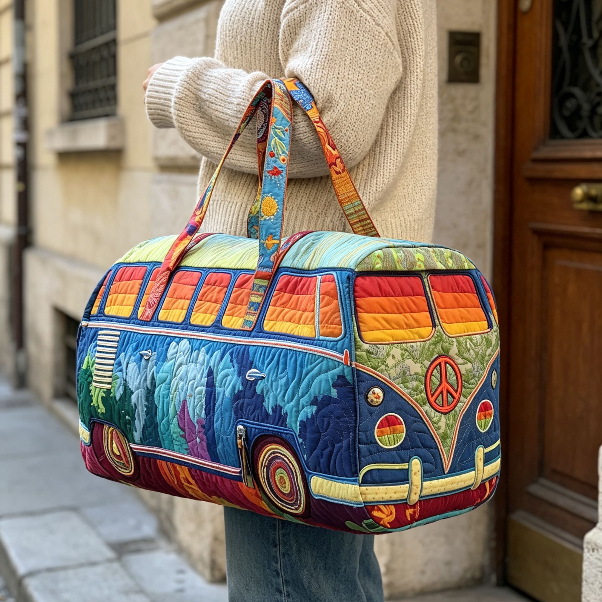 Rainbow Mountain Hippie Camper Van Quilted Duffle Bag, Colorful Peace Sign Retro Bus Travel Weekender Bag, Gym Carry‑on Duffel Bag