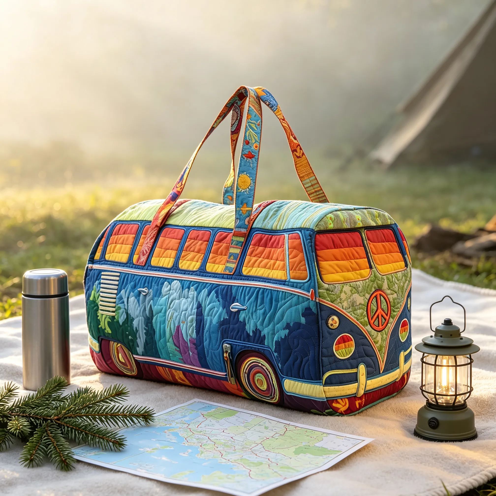 Rainbow Mountain Hippie Camper Van Quilted Duffle Bag, Colorful Peace Sign Retro Bus Travel Weekender Bag, Gym Carry‑on Duffel Bag