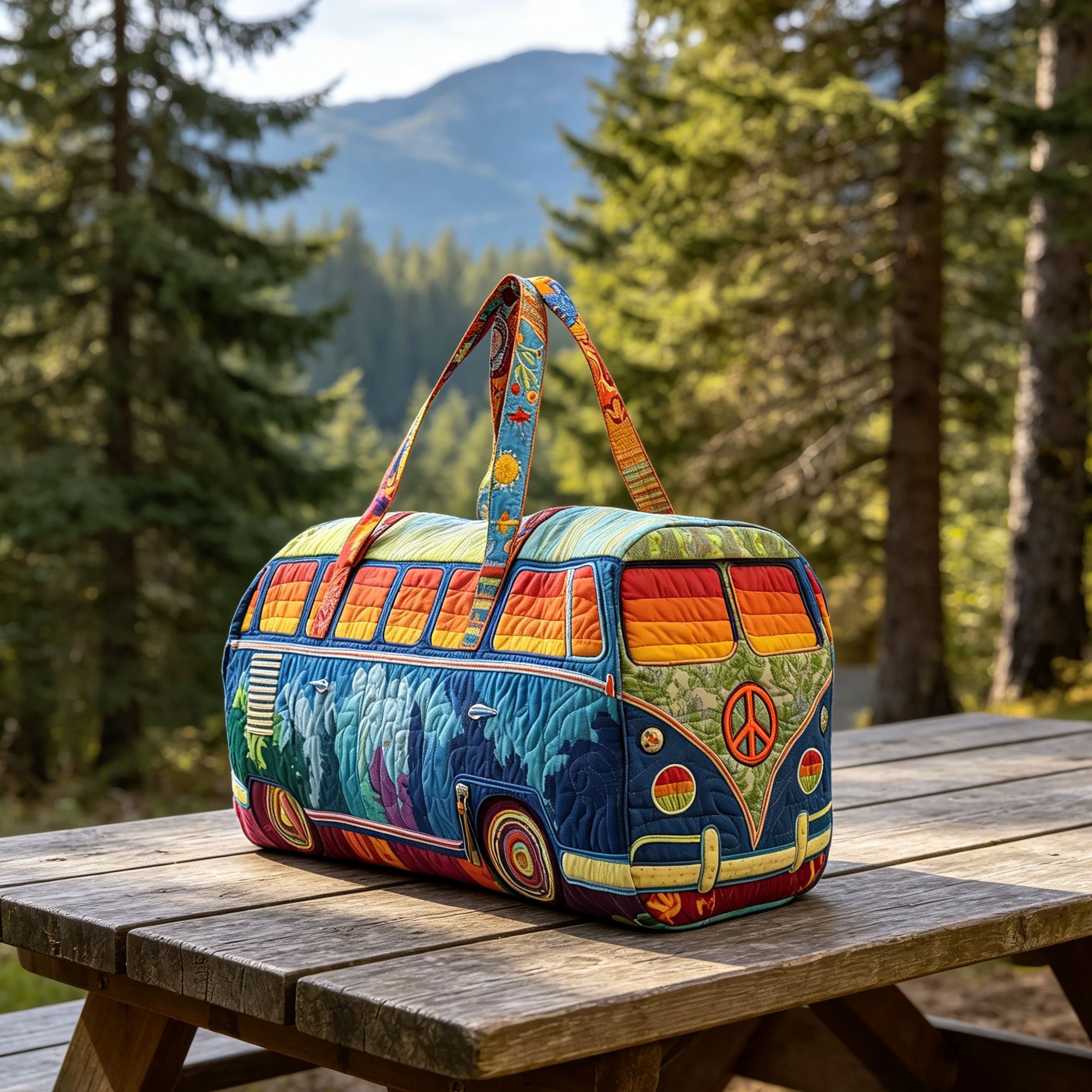 Rainbow Mountain Hippie Camper Van Quilted Duffle Bag, Colorful Peace Sign Retro Bus Travel Weekender Bag, Gym Carry‑on Duffel Bag