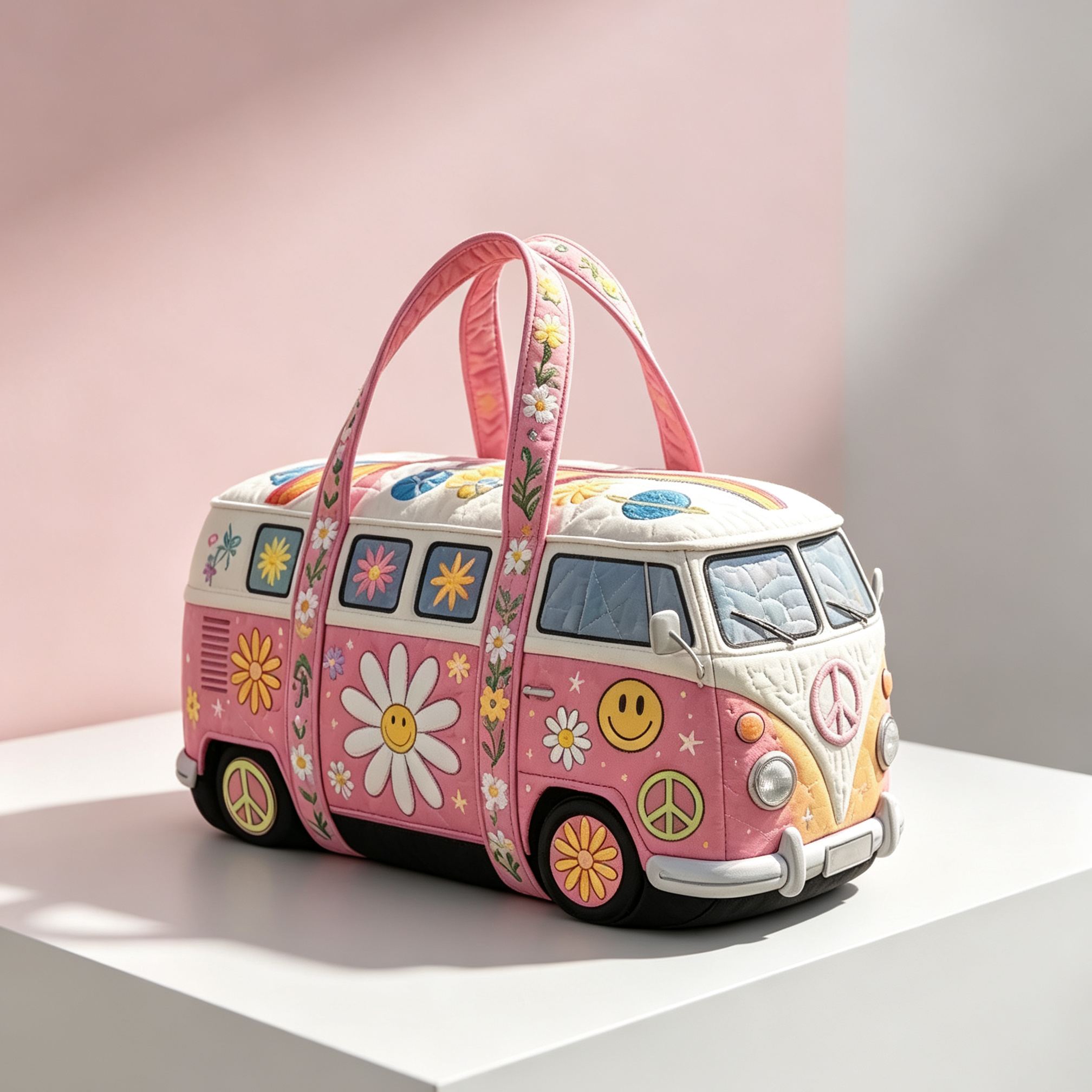[Copy]Vintage Hippie Camper Van Quilted Duffle Bag, Daisy Floral Peace Sign Retro Bus Travel Weekender Bag, Lightweight Quilted Overnight Gym Carry‑on Duffel Bag