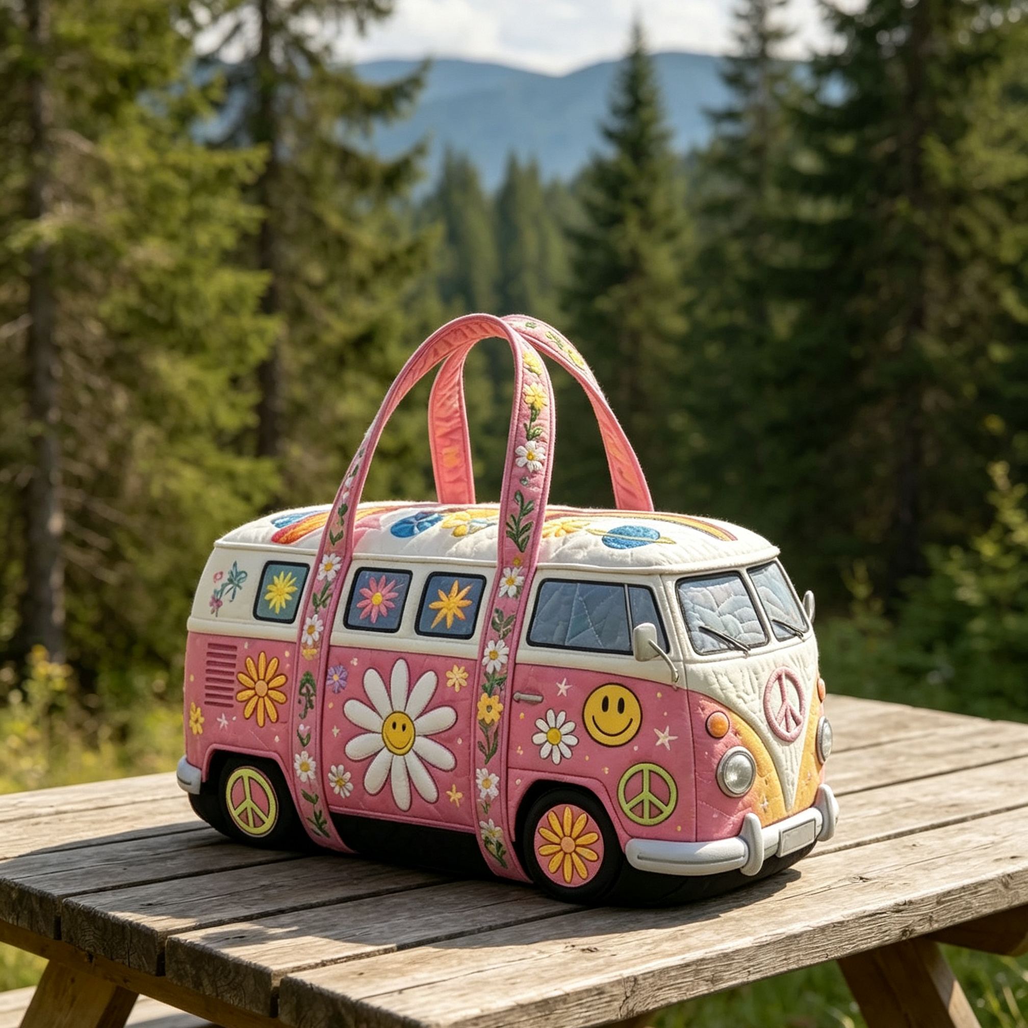[Copy]Vintage Hippie Camper Van Quilted Duffle Bag, Daisy Floral Peace Sign Retro Bus Travel Weekender Bag, Lightweight Quilted Overnight Gym Carry‑on Duffel Bag