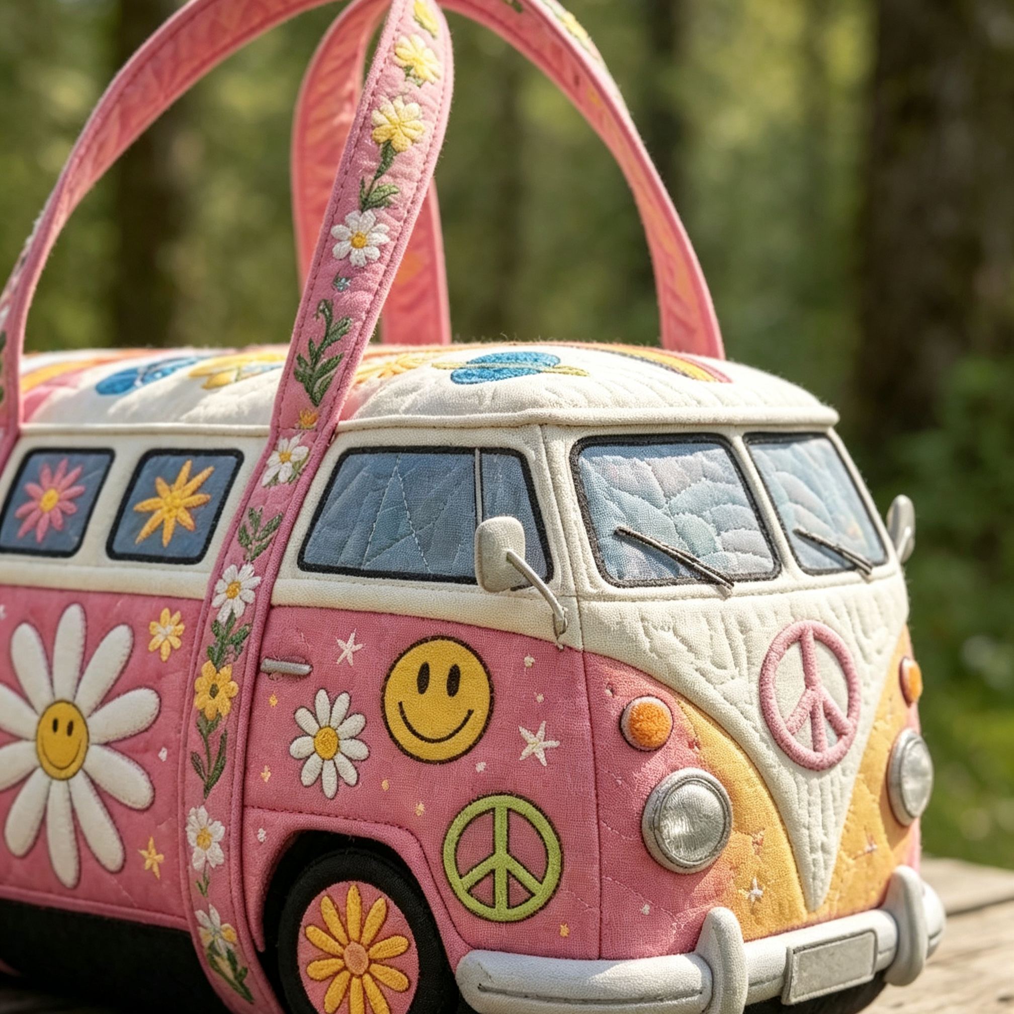 [Copy]Vintage Hippie Camper Van Quilted Duffle Bag, Daisy Floral Peace Sign Retro Bus Travel Weekender Bag, Lightweight Quilted Overnight Gym Carry‑on Duffel Bag