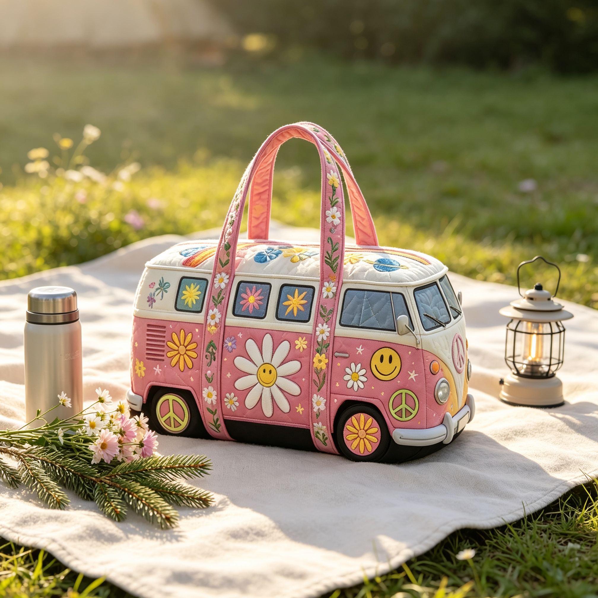 [Copy]Vintage Hippie Camper Van Quilted Duffle Bag, Daisy Floral Peace Sign Retro Bus Travel Weekender Bag, Lightweight Quilted Overnight Gym Carry‑on Duffel Bag