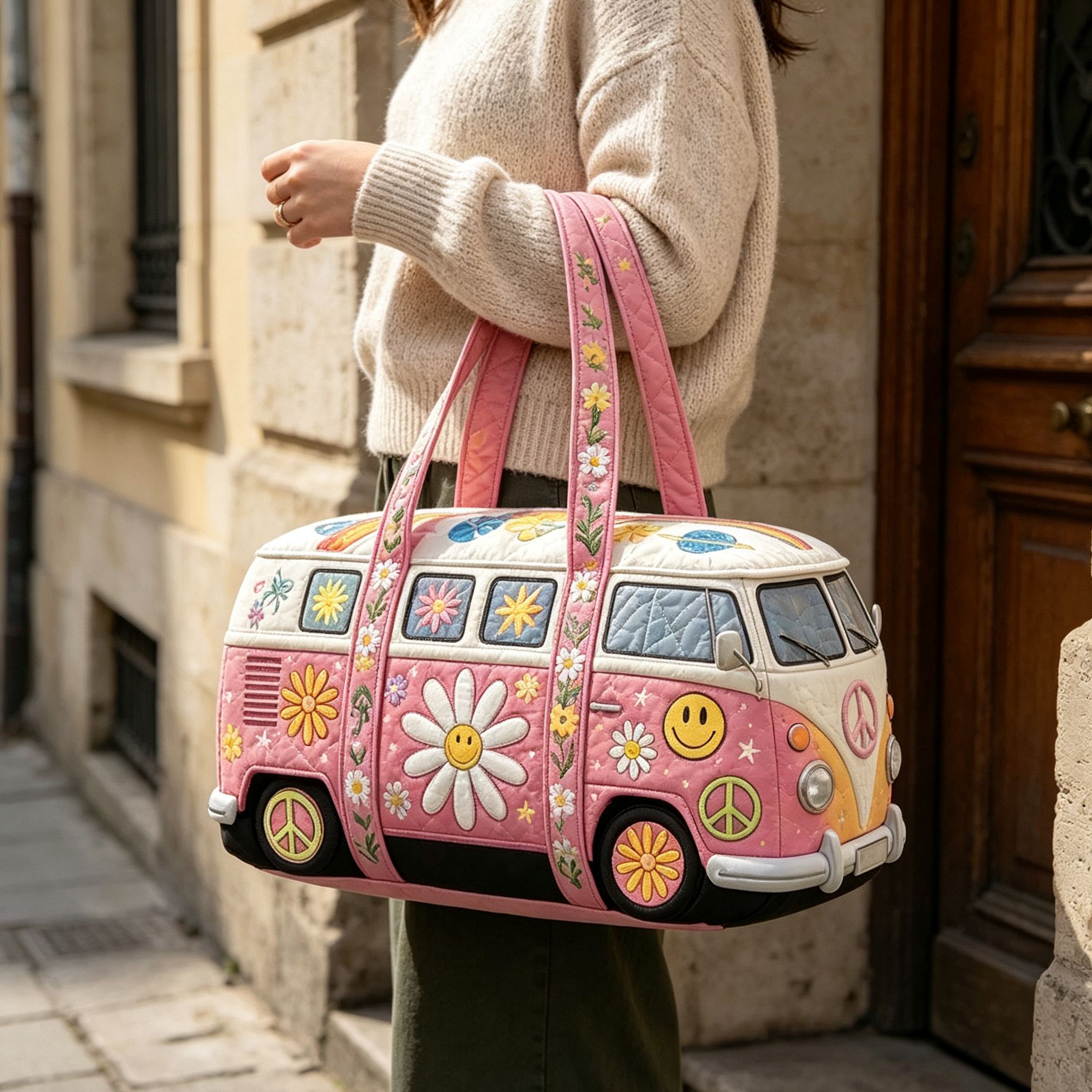 [Copy]Vintage Hippie Camper Van Quilted Duffle Bag, Daisy Floral Peace Sign Retro Bus Travel Weekender Bag, Lightweight Quilted Overnight Gym Carry‑on Duffel Bag