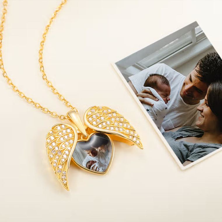 Personalized Angel Wing Photo Locket Necklace My Guardian Angel Always Close to My Heart Necklace with Family Photo Gift for Family