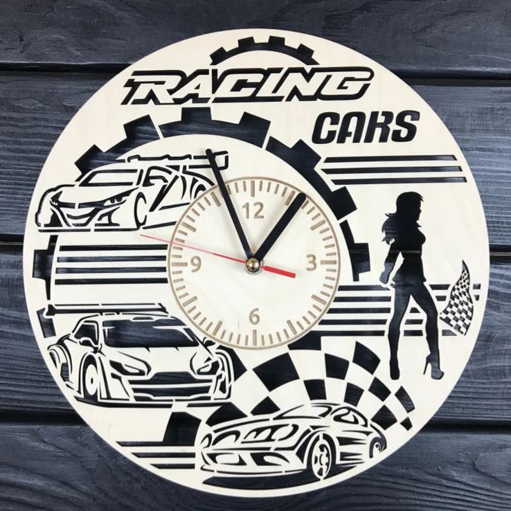 Personalized Racing Cars Wooden Wall Clock with Engraved Design Gift for Motorsport Enthusiasts and Car Lovers