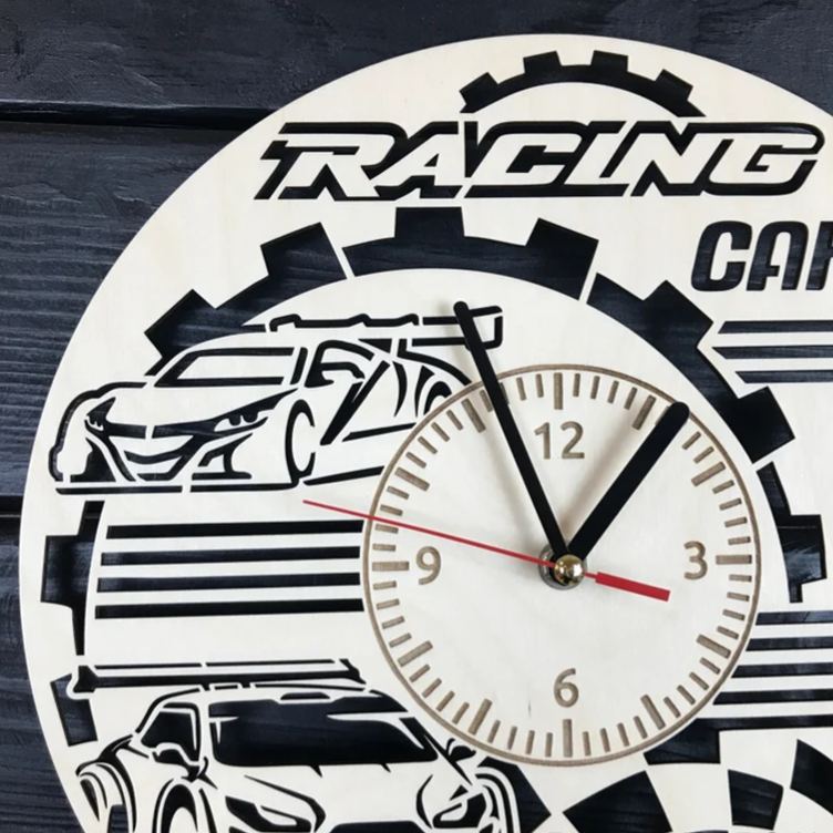 Personalized Racing Cars Wooden Wall Clock with Engraved Design Gift for Motorsport Enthusiasts and Car Lovers