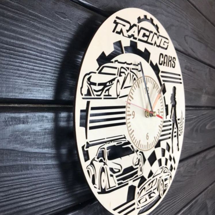 Personalized Racing Cars Wooden Wall Clock with Engraved Design Gift for Motorsport Enthusiasts and Car Lovers