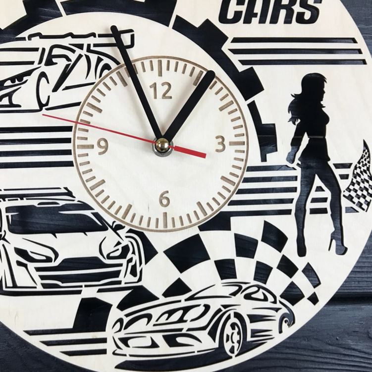 Personalized Racing Cars Wooden Wall Clock with Engraved Design Gift for Motorsport Enthusiasts and Car Lovers