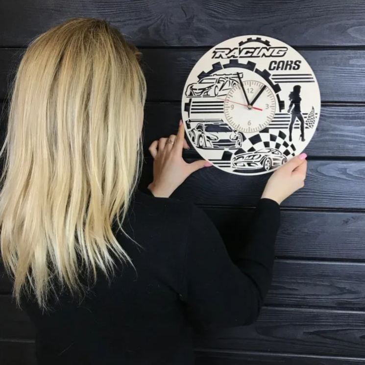 Personalized Racing Cars Wooden Wall Clock with Engraved Design Gift for Motorsport Enthusiasts and Car Lovers