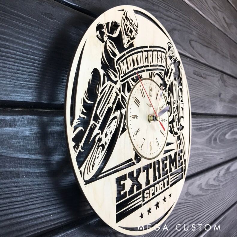 Personalized Motocross Wooden Wall Clock with Engraved Extreme Sport Design Gift for Dirt Bike Riders and Fans