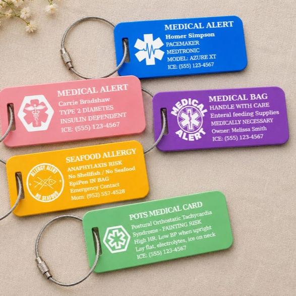 Emergency Medical Alert Card, Engraved Aluminum Tag, Allergy Alert, Medical ID, Personalized Metal Luggage Tag, Bag ID Suitcase Backpack tag