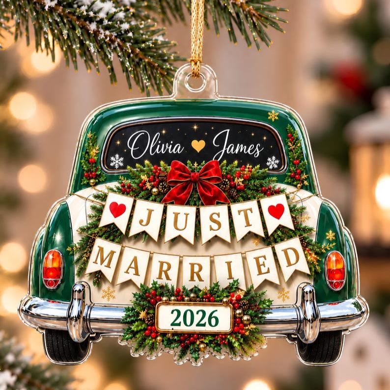 Personalized Just Married Wedding Car Acrylic Ornament 2026, Custom Couple Names Ornament, First Christmas Keepsake, Newlywed Gift