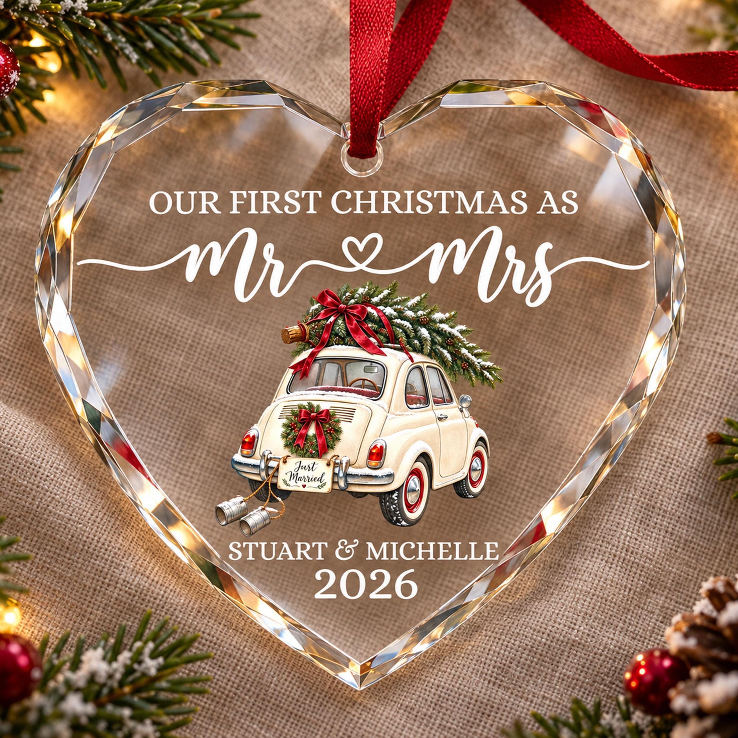 Personalized Just Married Car Ornament,Mr & Mrs Ornament,  First Christmas Married Crystal Glass Heart, Newlywed Christmas Gift