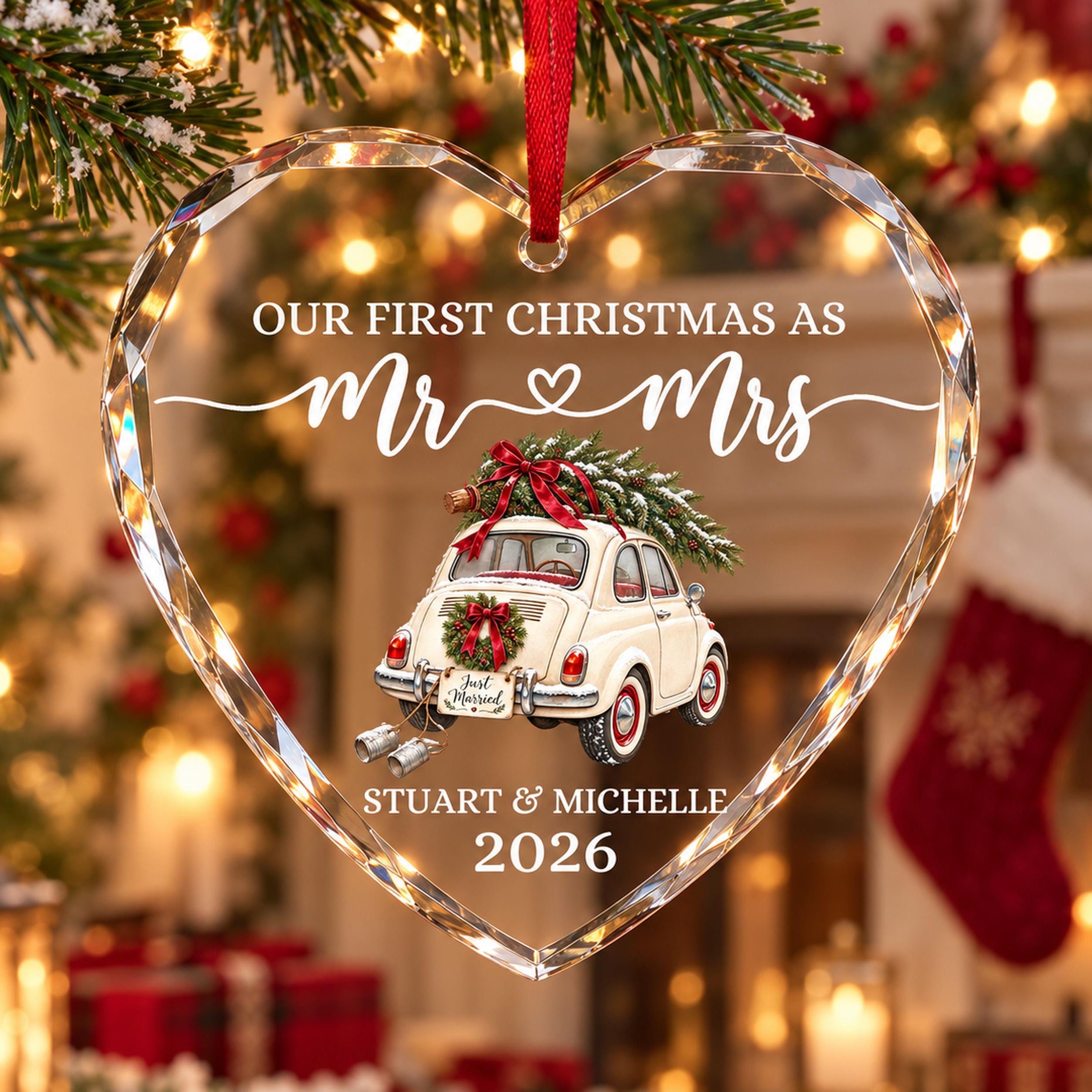 Personalized Just Married Car Ornament,Mr & Mrs Ornament,  First Christmas Married Crystal Glass Heart, Newlywed Christmas Gift
