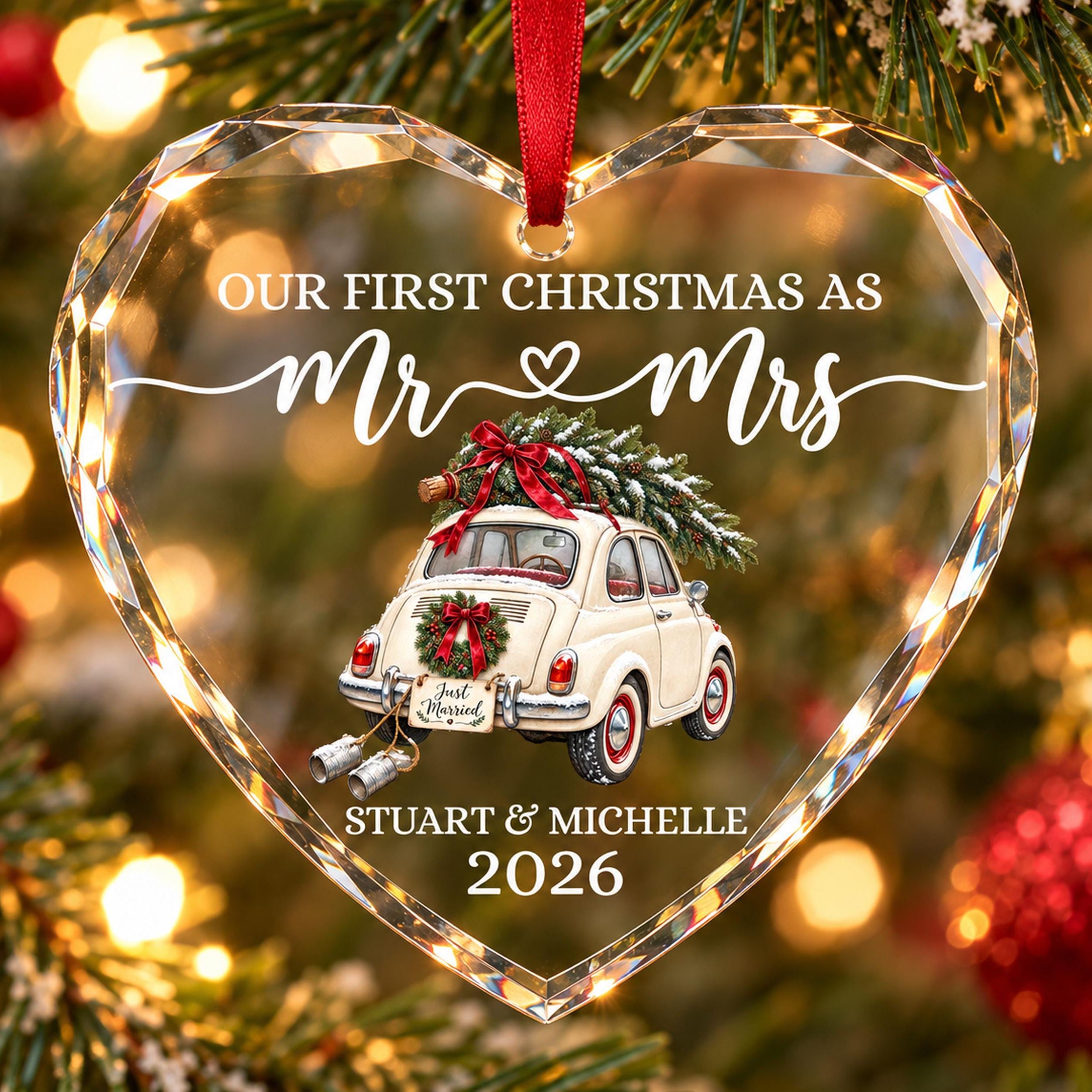 Personalized Just Married Car Ornament,Mr & Mrs Ornament,  First Christmas Married Crystal Glass Heart, Newlywed Christmas Gift