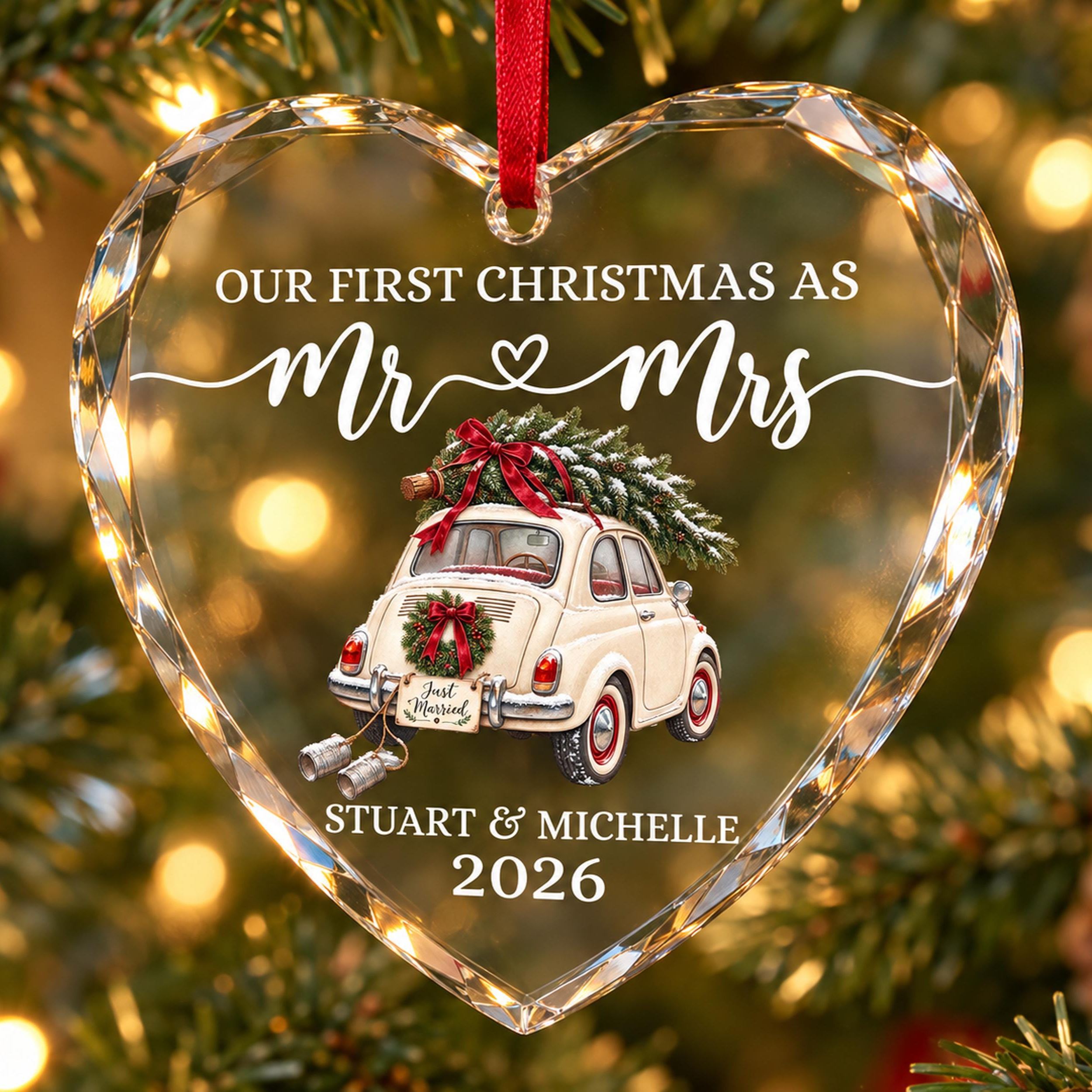Personalized Just Married Car Ornament,Mr & Mrs Ornament,  First Christmas Married Crystal Glass Heart, Newlywed Christmas Gift