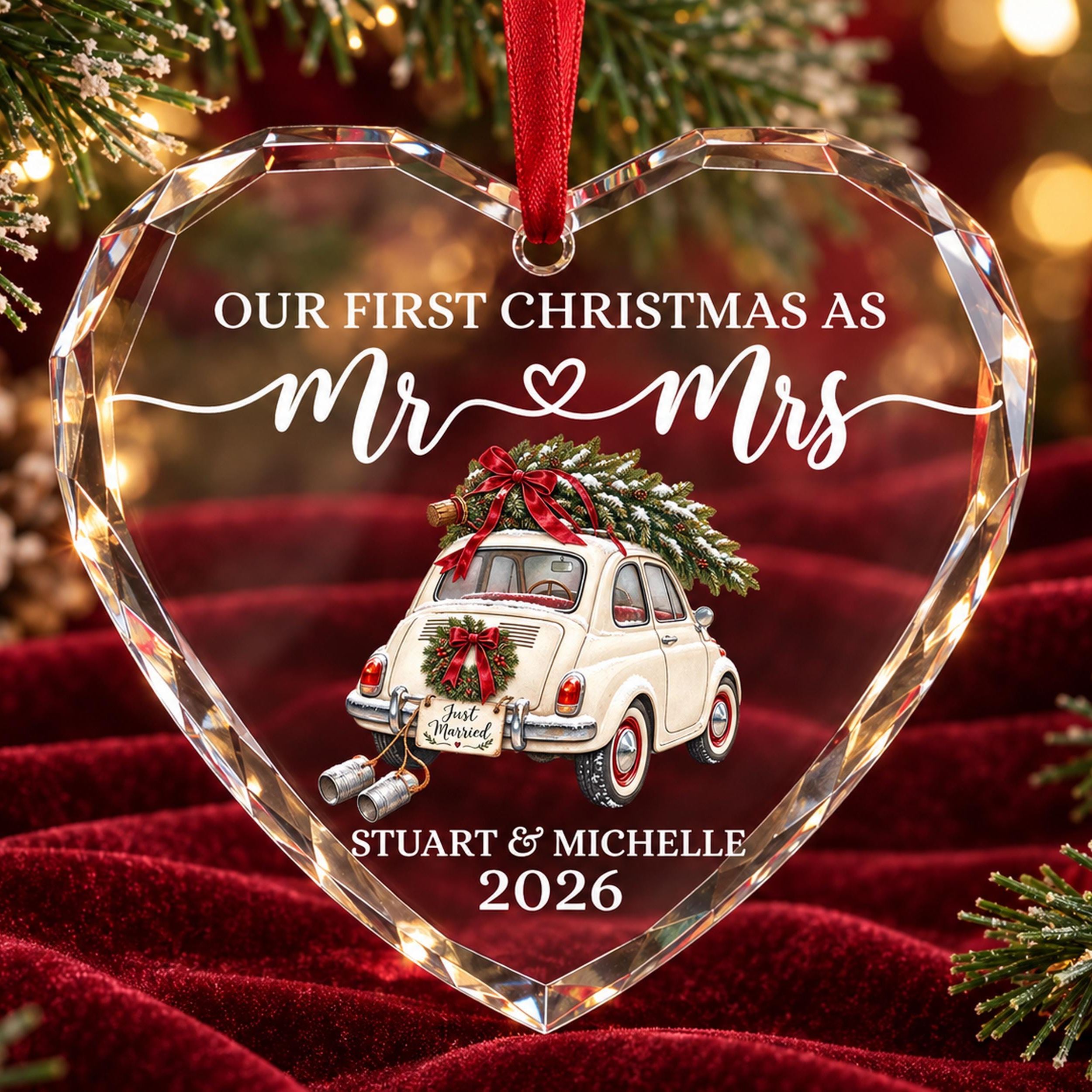 Personalized Just Married Car Ornament,Mr & Mrs Ornament,  First Christmas Married Crystal Glass Heart, Newlywed Christmas Gift
