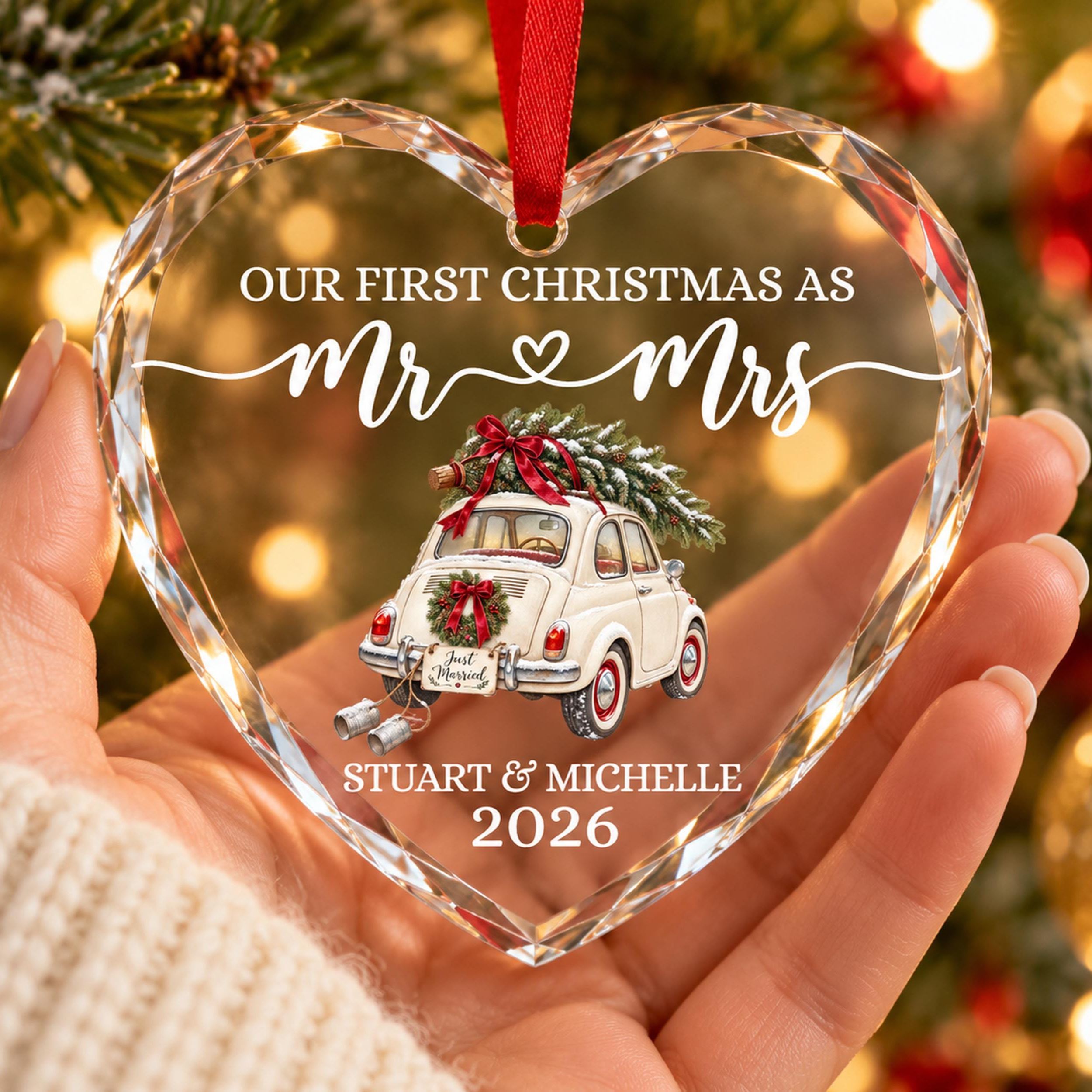 Personalized Just Married Car Ornament,Mr & Mrs Ornament,  First Christmas Married Crystal Glass Heart, Newlywed Christmas Gift