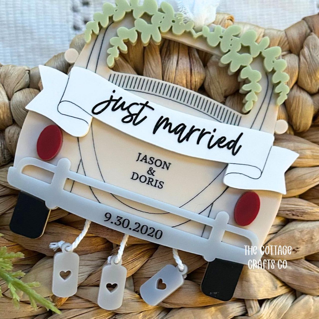 Personalized Just Married Ornament, Personalized Newlywed Christmas Ornament, First Christmas Married, Wedding Keepsake, Bride Groom Gift, Custom Car,
