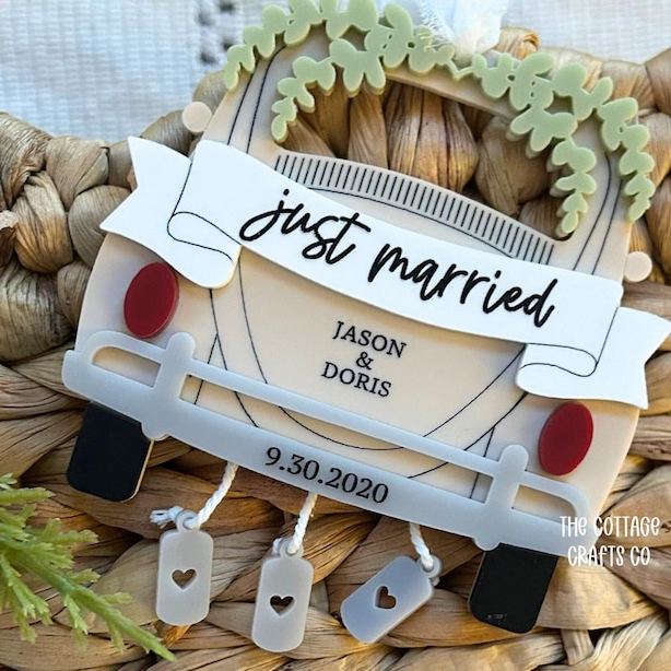 Personalized Just Married Ornament, Personalized Newlywed Christmas Ornament, First Christmas Married, Wedding Keepsake, Bride Groom Gift, Custom Car,