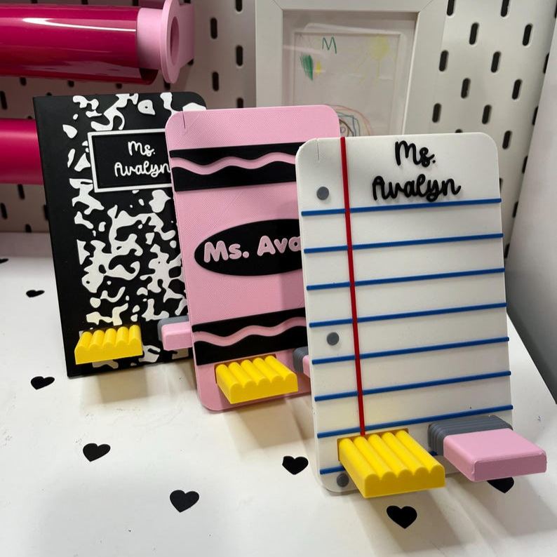 Personalized Phone Stand | Composition Notebook | Lined Paper | Crayon | 3D Printed Desk Holder (Teacher Gift)