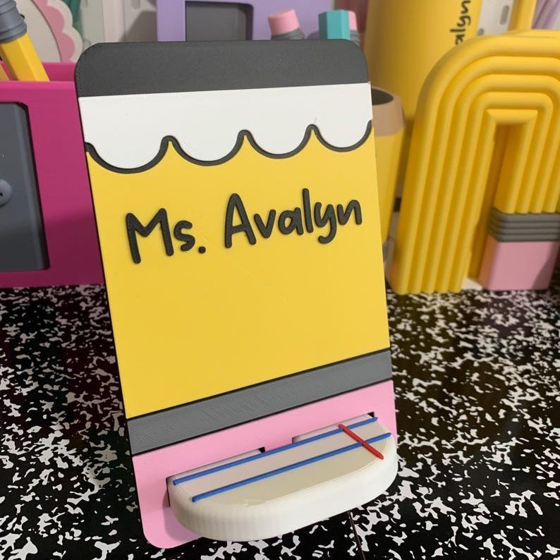 Personalized Phone Stand | Composition Notebook | Lined Paper | Crayon | 3D Printed Desk Holder (Teacher Gift)