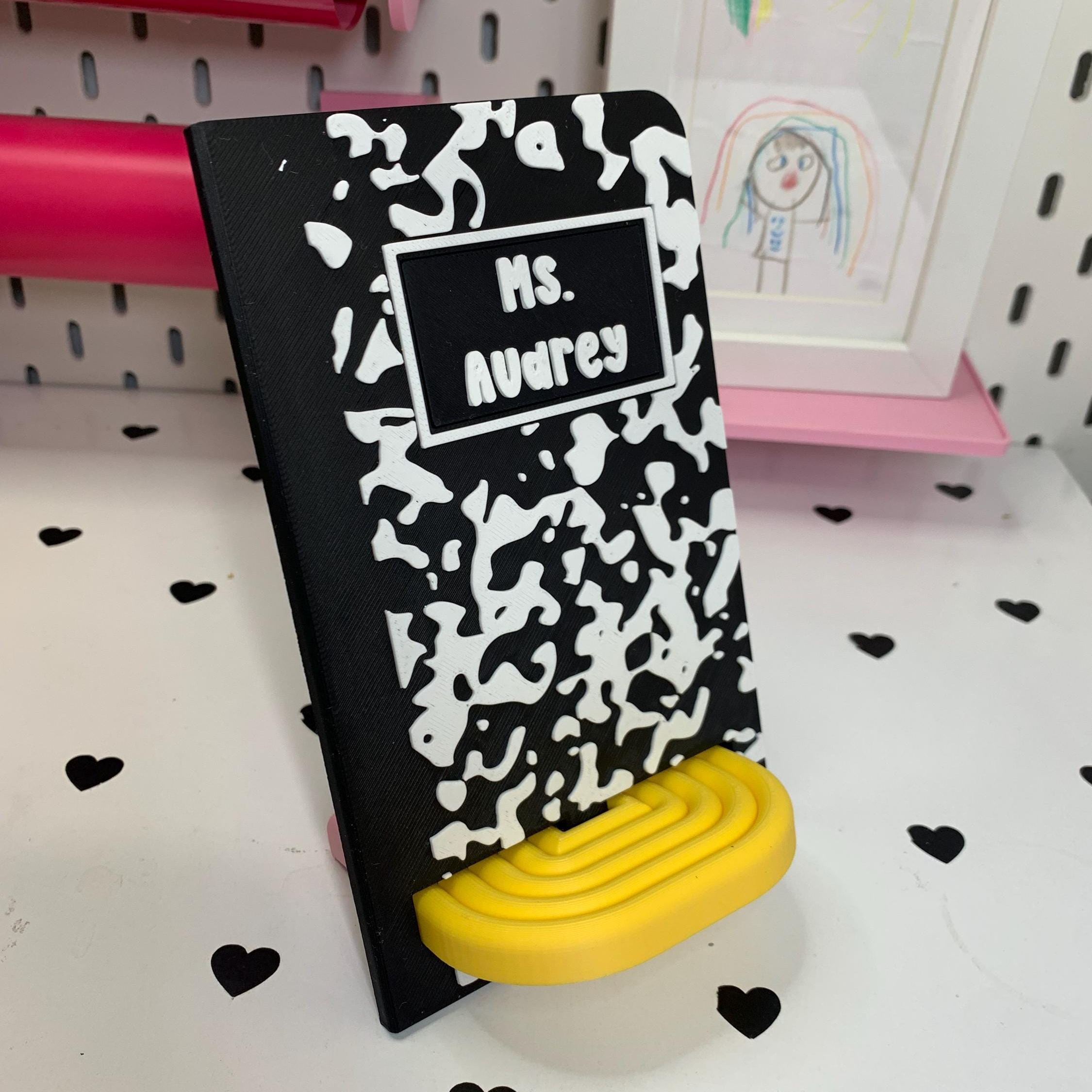 Personalized Phone Stand | Composition Notebook | Lined Paper | Crayon | 3D Printed Desk Holder (Teacher Gift)