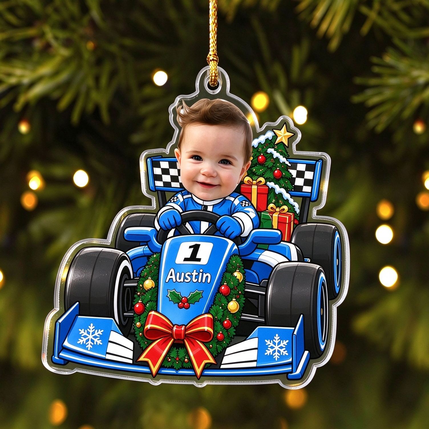 [Copy]Personalized Race Car Christmas Ornament, Custom Photo Name & Number Keepsake Christmas Gift, Acrylic Xmas Tree Decoration