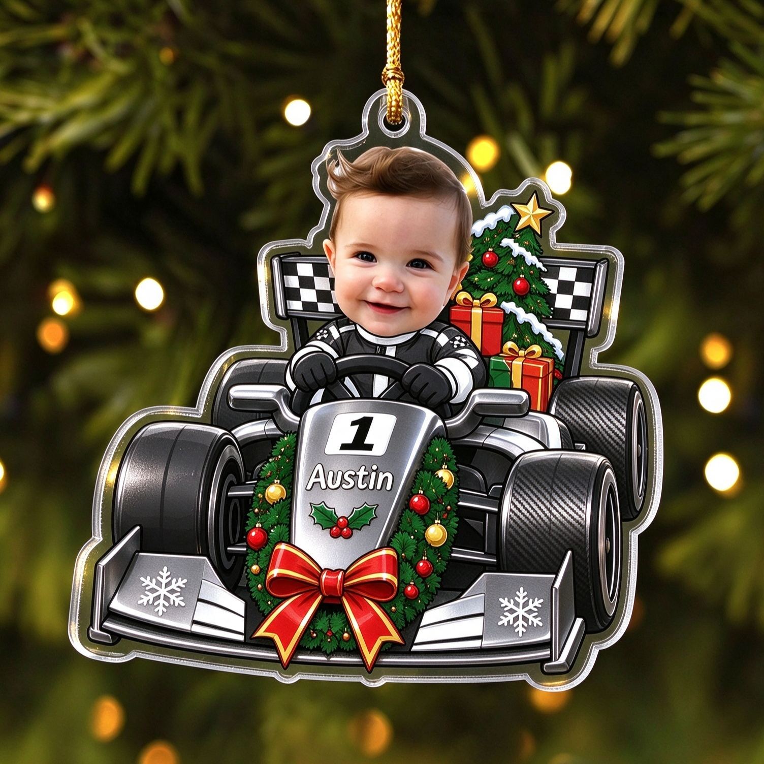 [Copy]Personalized Race Car Christmas Ornament, Custom Photo Name & Number Keepsake Christmas Gift, Acrylic Xmas Tree Decoration